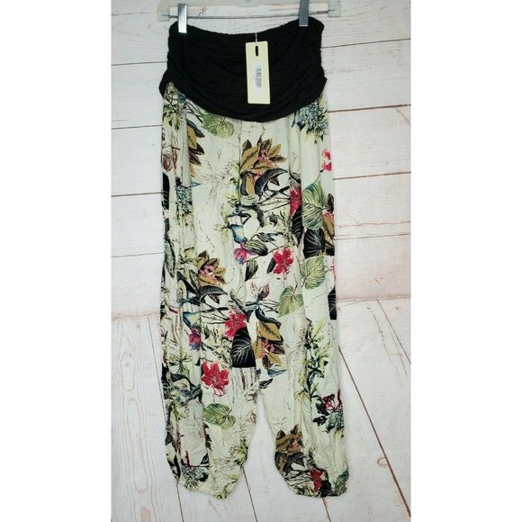 Bai Sheng GT Women's Beige Cream Floral Print Wide Elastic Leg & Waist Pants - Picture 1 of 12